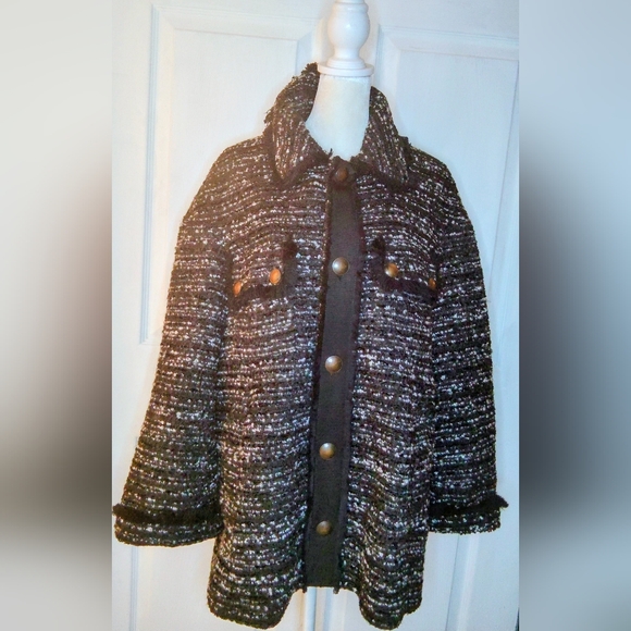 Chanel-Like Twinset Milano Tweed Black White Swing Jacket Sz M
